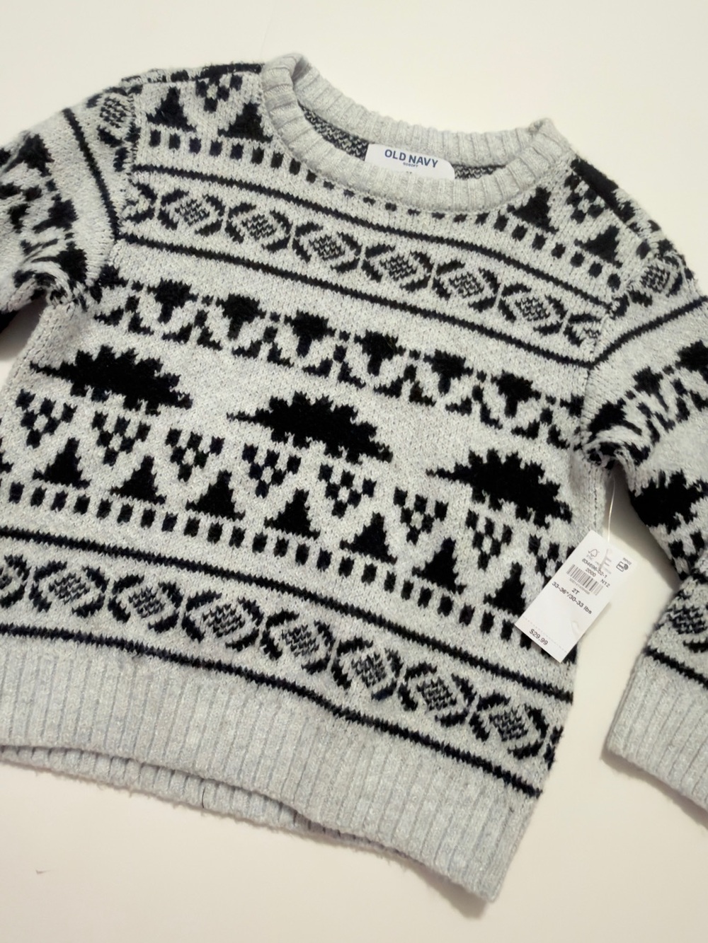Old Navy Men's Light Gray and Black Fair Isle Crewneck Sweater